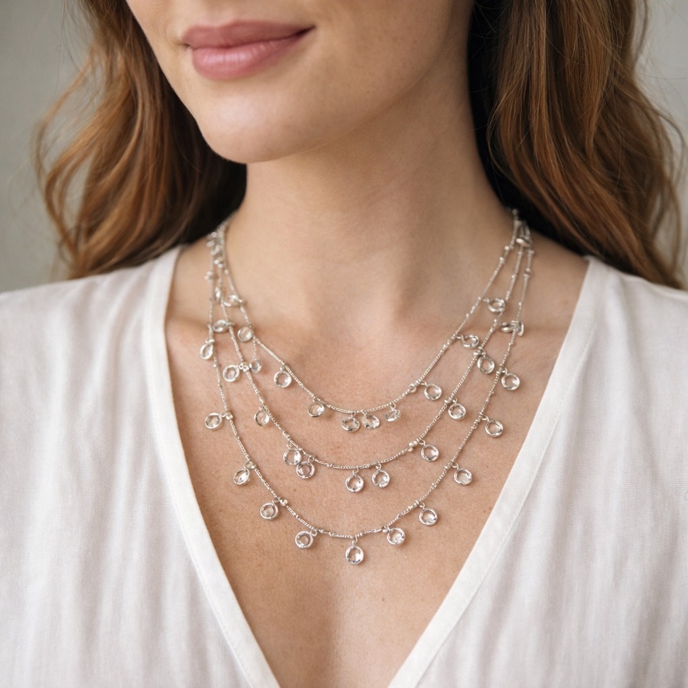 ANNE KLEIN SHAKY CLEAR STONE 3 STRAND SILVER NECKLACE